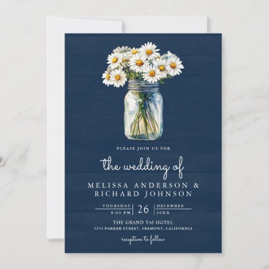 Navy Blue Wood Daisies Mason Jar QR Code Wedding 招待状 (正面)