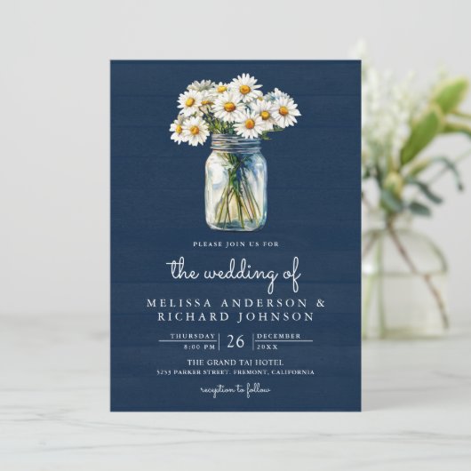 Navy Blue Wood Daisies Mason Jar QR Code Wedding 招待状 (スタンド正面)