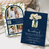 Navy Blue Wood Daisies Mason Jar QR Code Wedding 招待状