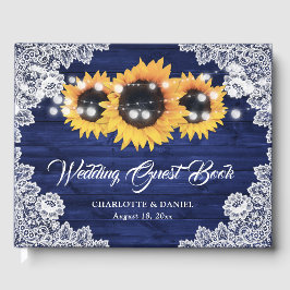 Navy Blue Wood Floral Lace Sunflower Wedding ゲストブック