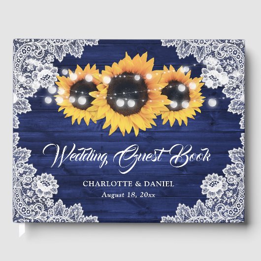 Navy Blue Wood Floral Lace Sunflower Wedding ゲストブック (正面)