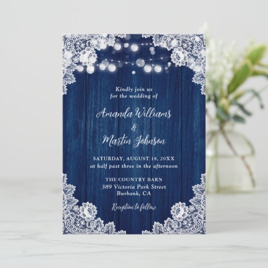 Navy Blue Wood Lace Romantic Rustic Chic Wedding 招待状 (スタンド正面)
