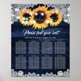 Navy Blue Wood Lace Sunflower Rustic Seating Chart ポスター