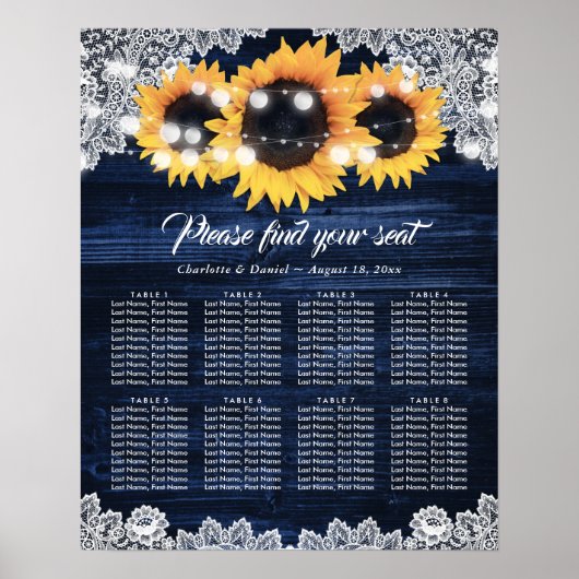 Navy Blue Wood Lace Sunflower Rustic Seating Chart ポスター (正面)