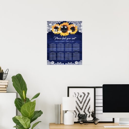 Navy Blue Wood Lace Sunflower Seating Chart ポスター (ホームオフィス)