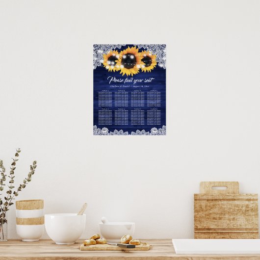 Navy Blue Wood Lace Sunflower Seating Chart ポスター (キッチン)