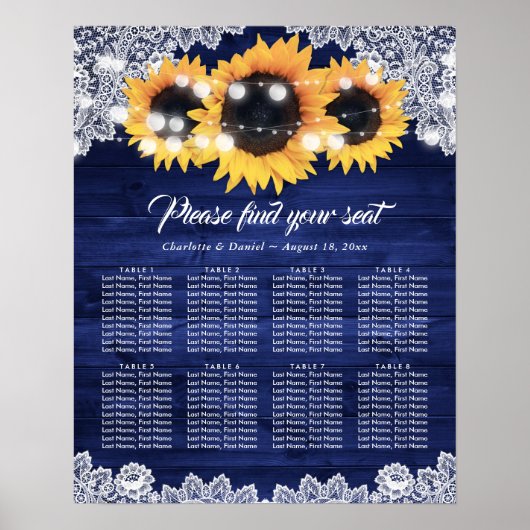 Navy Blue Wood Lace Sunflower Seating Chart ポスター (正面)