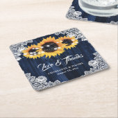 Navy Blue Wood Lace Sunflower Wedding Thank You スクエアペーパーコースター (アングル)