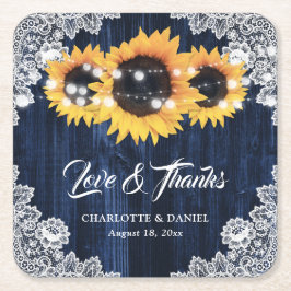 Navy Blue Wood Lace Sunflower Wedding Thank You スクエアペーパーコースター