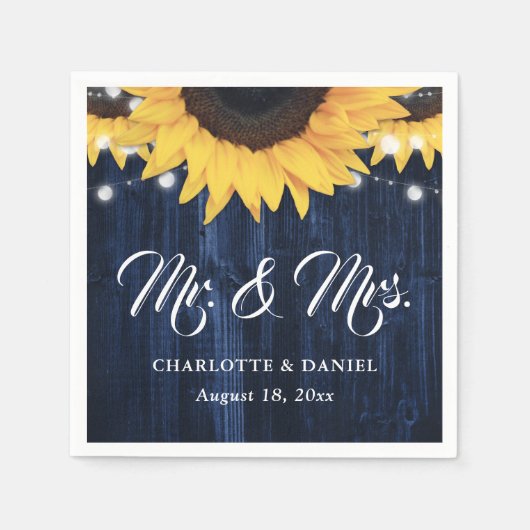 Navy Blue Wood String Lights Sunflower Wedding スタンダードカクテルナプキン (正面)