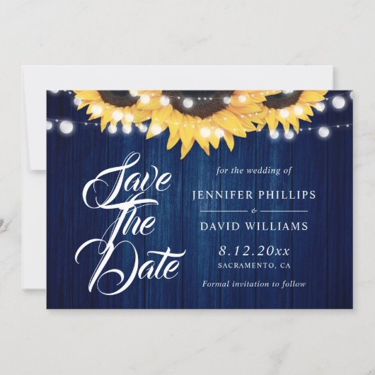 Navy Blue Wood String Lights Sunflower Wedding セーブザデート (正面)