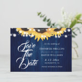 Navy Blue Wood String Lights Sunflower Wedding セーブザデート (スタンド正面)