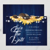 Navy Blue Wood String Lights Sunflower Wedding セーブザデート (正面/裏面)