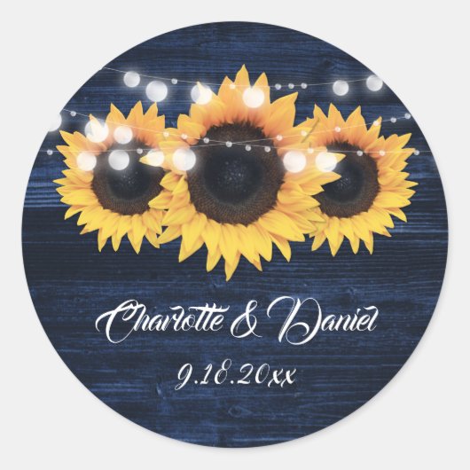 Navy Blue Wood String Lights Sunflower Wedding ラウンドシール (正面)