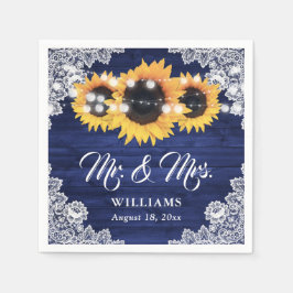 Navy Blue Wood Sunflower Floral Lace Wedding スタンダードカクテルナプキン