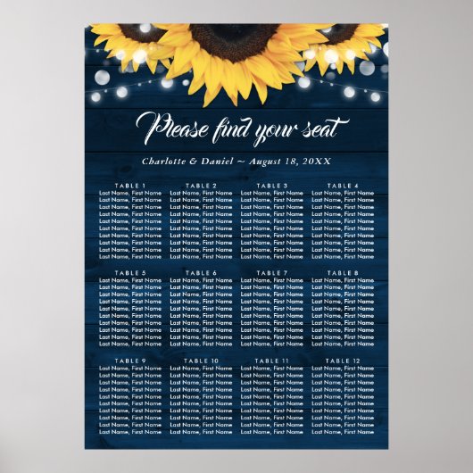 Navy Blue Wood Sunflower Wedding Seating Chart 12 ポスター (正面)