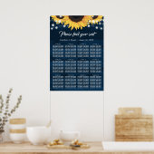 Navy Blue Wood Sunflower Wedding Seating Chart 12 ポスター (キッチン)