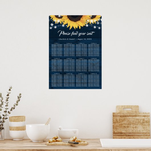 Navy Blue Wood Sunflower Wedding Seating Chart 12 ポスター (キッチン)