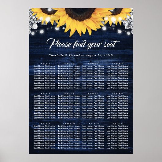 Navy Blue Wood Sunflower Wedding Seating Chart 12 ポスター (正面)