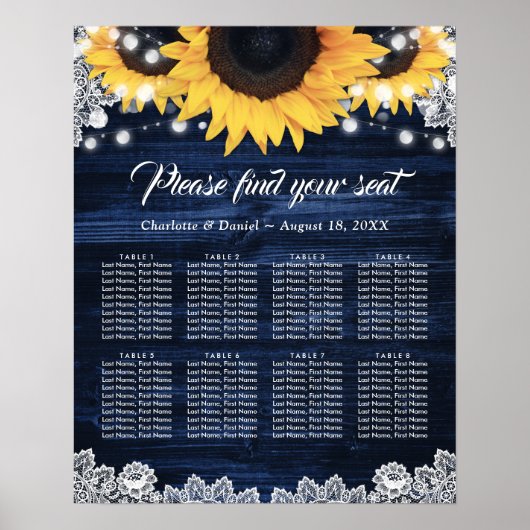 Navy Blue Wood Sunflower Wedding Seating Chart 8 ポスター (正面)