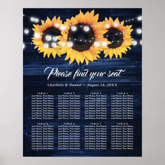 Navy Blue Wood Sunflower Wedding Seating Chart 8 ポスター (正面)