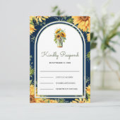 Navy Blue Wood Sunflowers Mason Jar Arch Wedding 出欠カード (スタンド正面)
