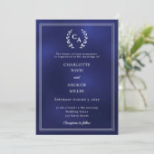Navy blue wreath monogrammed simple wedding 招待状 (スタンド正面)