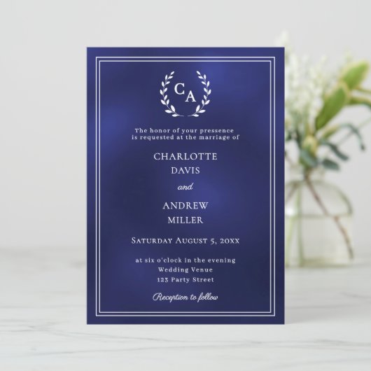 Navy blue wreath monogrammed simple wedding  招待状 (スタンド正面)