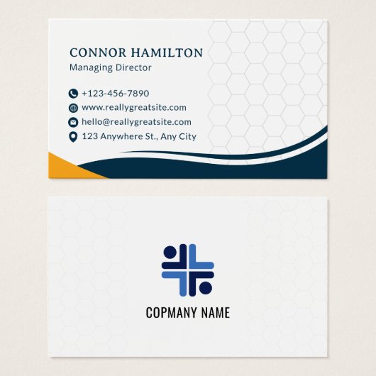 Navy Blue & Yellow Modern Corporate Business Card (正面&裏面)