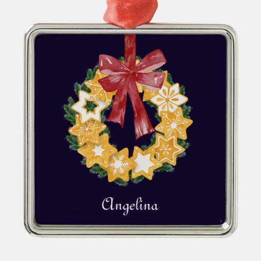 Navy BlueBackgroundとのクリスマスクッキーリース メタルオーナメント (正面)