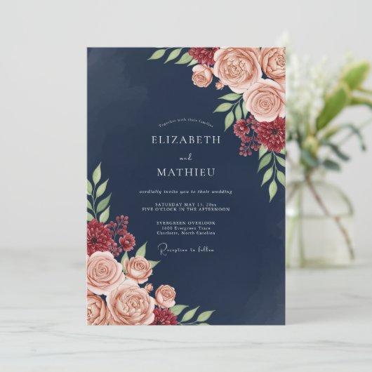Navy Blush Bloom Romance Wedding 招待状 (スタンド正面)