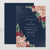 Navy Blush Bloom Romance Wedding 招待状 (正面/裏面)