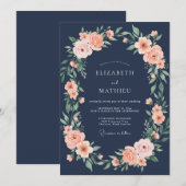 Navy Blush Blossom Romance Wedding 招待状 (正面/裏面)