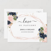Navy Blush Flora Frame Love is Patient Postponed ポストカード (正面/裏面)