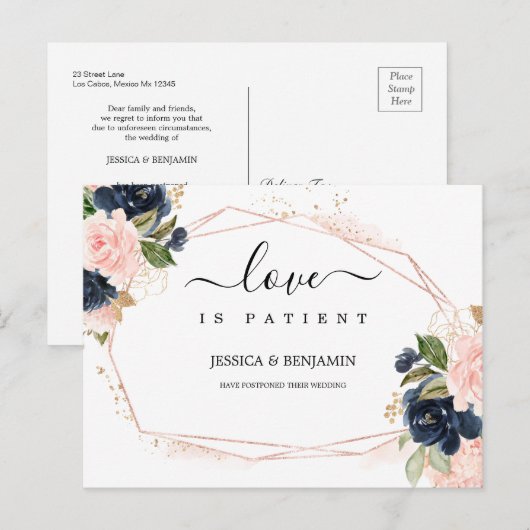 Navy Blush Flora Frame Love is Patient Postponed ポストカード (正面/裏面)