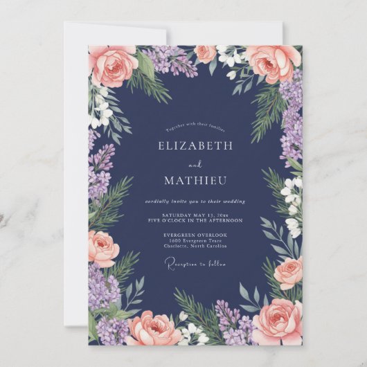 Navy Blush Floral Flourish Wedding 招待状 (正面)