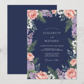 Navy Blush Floral Flourish Wedding 招待状 (正面/裏面)