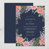 Navy Blush Floral Laurel Wedding 招待状 (正面/裏面)