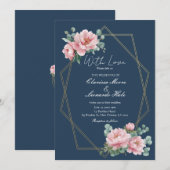 Navy Blush Peony Eucalyptus Wedding 招待状 (正面/裏面)