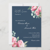 Navy Blush Peony Eucalyptus Wedding 招待状 (正面)