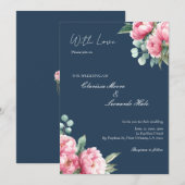 Navy Blush Peony Eucalyptus Wedding 招待状 (正面/裏面)