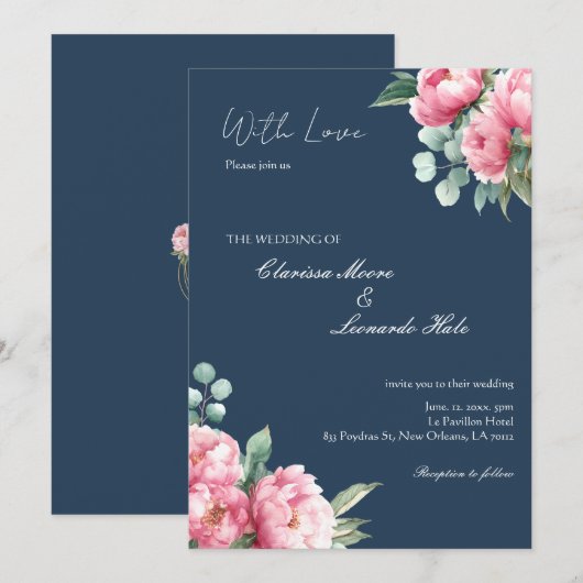 Navy Blush Peony Eucalyptus Wedding 招待状 (正面/裏面)