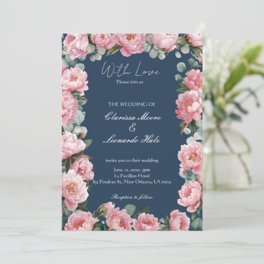 Navy Blush Peony Eucalyptus Wedding Invitation 招待状 (スタンド正面)