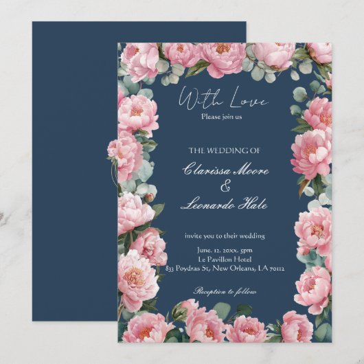 Navy Blush Peony Eucalyptus Wedding Invitation 招待状 (正面/裏面)