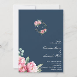 Navy Blush Peony Gold Frame Wedding  招待状