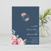 Navy Blush Peony Gold Frame Wedding  招待状 (スタンド正面)