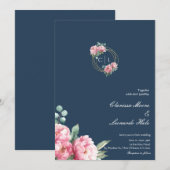 Navy Blush Peony Gold Frame Wedding  招待状 (正面/裏面)