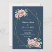 Navy Blush Peony Gold Frame Wedding  招待状 (正面)