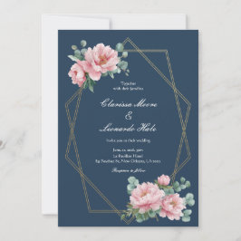 Navy Blush Peony Gold Frame Wedding  招待状