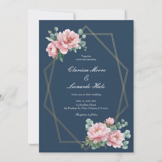 Navy Blush Peony Gold Frame Wedding  招待状 (正面)